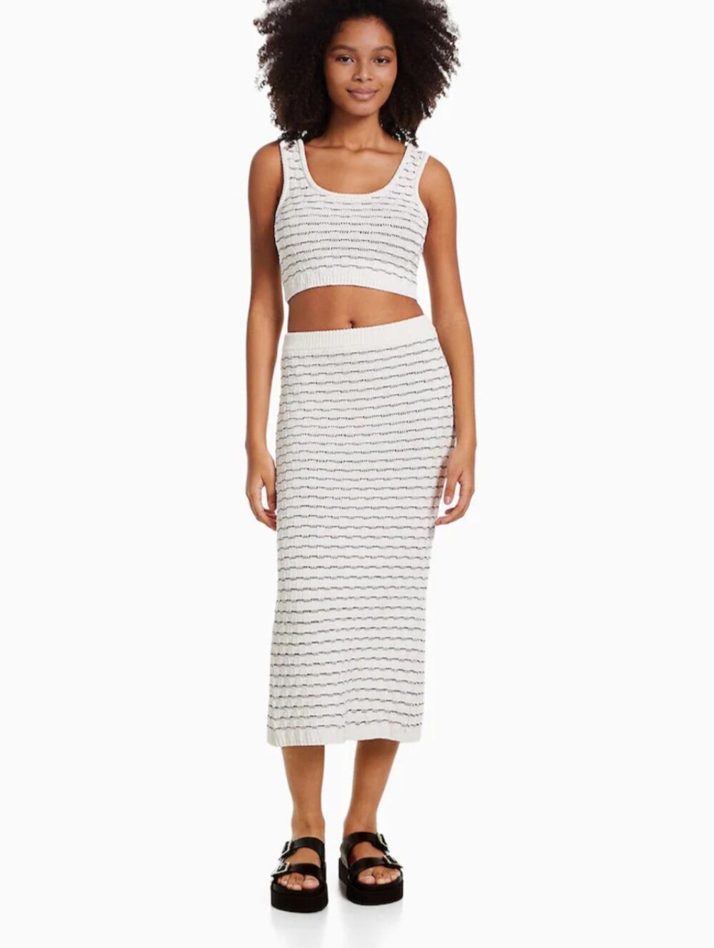 Freshman Knit Tank Top & Midi Skirt 2 Piece Set Cream Black Striped Boho Size L